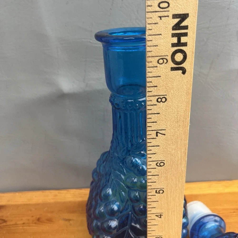 Imperial Blue Glass Decanter w Grape Pattern Genie Bottle Vintage MCM Stopper